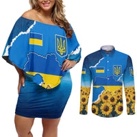 Ukraine Pride Couples Matching Off Shoulder Short Dress and Long Sleeve Button Shirt Map, Flag & Tryzub with Sunflower Field Patriotic