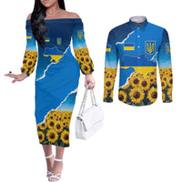 Ukraine Pride Couples Matching Off The Shoulder Long Sleeve Dress and Long Sleeve Button Shirt Map, Flag & Tryzub with Sunflower Field Patriotic