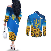 Ukraine Pride Couples Matching Off The Shoulder Long Sleeve Dress and Long Sleeve Button Shirt Map, Flag & Tryzub with Sunflower Field Patriotic