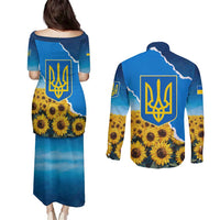 Ukraine Pride Couples Matching Puletasi and Long Sleeve Button Shirt Map, Flag & Tryzub with Sunflower Field Patriotic