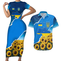 Ukraine Pride Couples Matching Short Sleeve Bodycon Dress and Hawaiian Shirt Map, Flag & Tryzub with Sunflower Field Patriotic