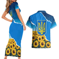 Ukraine Pride Couples Matching Short Sleeve Bodycon Dress and Hawaiian Shirt Map, Flag & Tryzub with Sunflower Field Patriotic