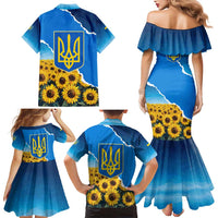 Ukraine Pride Family Matching Mermaid Dress and Hawaiian Shirt Map, Flag & Tryzub with Sunflower Field Patriotic