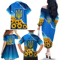 Ukraine Pride Family Matching Off The Shoulder Long Sleeve Dress and Hawaiian Shirt Map, Flag & Tryzub with Sunflower Field Patriotic