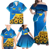 Ukraine Pride Family Matching Off Shoulder Maxi Dress and Hawaiian Shirt Map, Flag & Tryzub with Sunflower Field Patriotic
