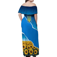 Ukraine Pride Family Matching Off Shoulder Maxi Dress and Hawaiian Shirt Map, Flag & Tryzub with Sunflower Field Patriotic