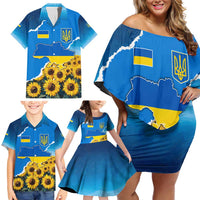Ukraine Pride Family Matching Off Shoulder Short Dress and Hawaiian Shirt Map, Flag & Tryzub with Sunflower Field Patriotic