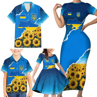 Ukraine Pride Family Matching Short Sleeve Bodycon Dress and Hawaiian Shirt Map, Flag & Tryzub with Sunflower Field Patriotic