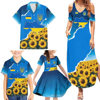 Ukraine Pride Family Matching Summer Maxi Dress and Hawaiian Shirt Map, Flag & Tryzub with Sunflower Field Patriotic
