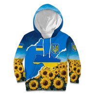 Ukraine Pride Kid Hoodie Map, Flag & Tryzub with Sunflower Field Patriotic