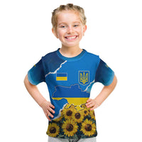 Ukraine Pride Kid T Shirt Map, Flag & Tryzub with Sunflower Field Patriotic
