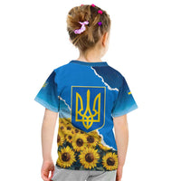 Ukraine Pride Kid T Shirt Map, Flag & Tryzub with Sunflower Field Patriotic