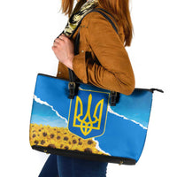 Ukraine Pride Leather Tote Bag Map, Flag & Tryzub with Sunflower Field Patriotic