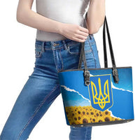 Ukraine Pride Leather Tote Bag Map, Flag & Tryzub with Sunflower Field Patriotic