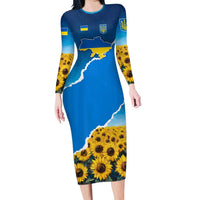 Ukraine Pride Long Sleeve Bodycon Dress Map, Flag & Tryzub with Sunflower Field Patriotic
