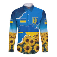 Ukraine Pride Long Sleeve Button Shirt Map, Flag & Tryzub with Sunflower Field Patriotic
