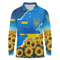Ukraine Pride Long Sleeve Polo Shirt Map, Flag & Tryzub with Sunflower Field Patriotic