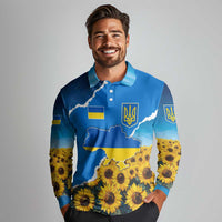 Ukraine Pride Long Sleeve Polo Shirt Map, Flag & Tryzub with Sunflower Field Patriotic