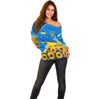 Ukraine Pride Off Shoulder Sweater Map, Flag & Tryzub with Sunflower Field Patriotic