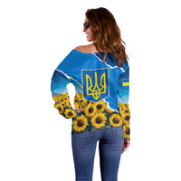 Ukraine Pride Off Shoulder Sweater Map, Flag & Tryzub with Sunflower Field Patriotic