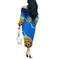 Ukraine Pride Off The Shoulder Long Sleeve Dress Map, Flag & Tryzub with Sunflower Field Patriotic