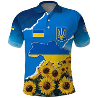 Ukraine Pride Polo Shirt Map, Flag & Tryzub with Sunflower Field Patriotic