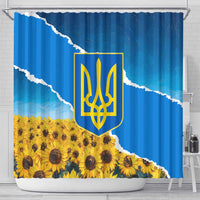Ukraine Pride Shower Curtain Map, Flag & Tryzub with Sunflower Field Patriotic
