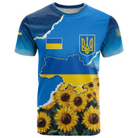 Ukraine Pride T Shirt Map, Flag & Tryzub with Sunflower Field Patriotic