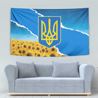 Ukraine Pride Tapestry Map, Flag & Tryzub with Sunflower Field Patriotic
