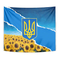 Ukraine Pride Tapestry Map, Flag & Tryzub with Sunflower Field Patriotic