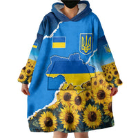 Ukraine Pride Wearable Blanket Hoodie Map, Flag & Tryzub with Sunflower Field Patriotic