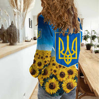 Ukraine Pride Women Casual Shirt Map, Flag & Tryzub with Sunflower Field Patriotic