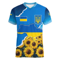Ukraine Pride Women V-Neck T-Shirt Map, Flag & Tryzub with Sunflower Field Patriotic