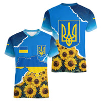 Ukraine Pride Women V-Neck T-Shirt Map, Flag & Tryzub with Sunflower Field Patriotic