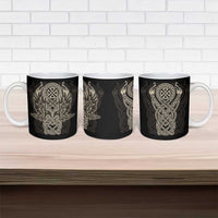 Celtic Trinity Knot Raven Emblem Ceramic Mug Intricate Norse Tribal Knotwork Illustration