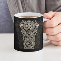 Celtic Trinity Knot Raven Emblem Ceramic Mug Intricate Norse Tribal Knotwork Illustration