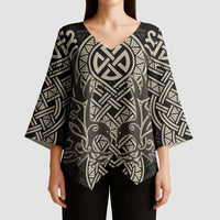 Celtic Trinity Knot Raven Emblem Kimono Sleeve Blouse Intricate Norse Tribal Knotwork Illustration