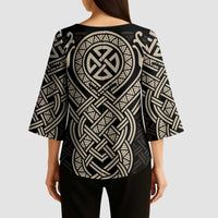 Celtic Trinity Knot Raven Emblem Kimono Sleeve Blouse Intricate Norse Tribal Knotwork Illustration