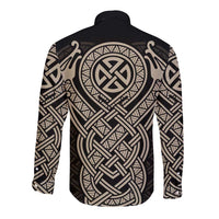 Celtic Trinity Knot Raven Emblem Long Sleeve Button Shirt Intricate Norse Tribal Knotwork Illustration