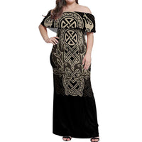 Celtic Trinity Knot Raven Emblem Off Shoulder Maxi Dress Intricate Norse Tribal Knotwork Illustration