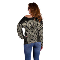 Celtic Trinity Knot Raven Emblem Off Shoulder Sweater Intricate Norse Tribal Knotwork Illustration