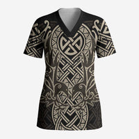 Celtic Trinity Knot Raven Emblem Scrub Top Intricate Norse Tribal Knotwork Illustration