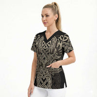 Celtic Trinity Knot Raven Emblem Scrub Top Intricate Norse Tribal Knotwork Illustration