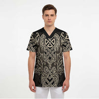 Celtic Trinity Knot Raven Emblem Scrub Top Intricate Norse Tribal Knotwork Illustration