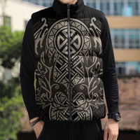 Celtic Trinity Knot Raven Emblem Sleeveless Puffer Jacket Intricate Norse Tribal Knotwork Illustration