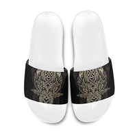 Celtic Trinity Knot Raven Emblem Slide Sandals Intricate Norse Tribal Knotwork Illustration