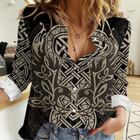 Celtic Trinity Knot Raven Emblem Women Casual Shirt Intricate Norse Tribal Knotwork Illustration