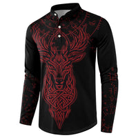 Viking Stag and Helm of Awe Symbol Button Sweatshirt Glowing Norse Runic Tribal Illustration