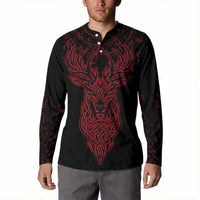 Viking Stag and Helm of Awe Symbol Button Sweatshirt Glowing Norse Runic Tribal Illustration