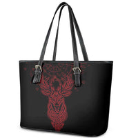 Viking Stag and Helm of Awe Symbol Leather Tote Bag Glowing Norse Runic Tribal Illustration